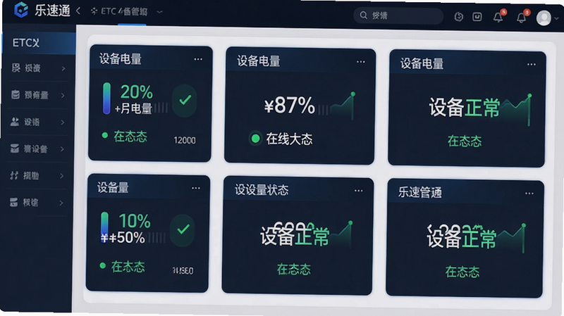 乐速通设备管理界面,主体为ETC设备状态卡片,布局模块化,排版整齐,风格科技感,细节包含设备电量百分比和在线状态标识,画质高清,干净,无多余元素,文字