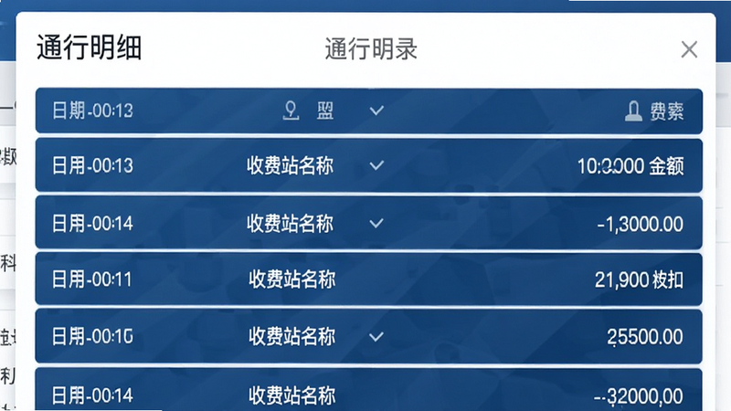 乐速通行程列表界面,主体为交易记录列表,布局纵向排列,排版清晰易读,风格商务简洁,细节包含日期、收费站名称和扣费金额,画质清晰,干净,无多余元素,文字