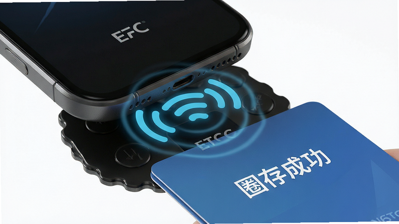 乐速通NFC圈存操作示意图,主体为手机靠近ETC卡,布局特写视角,排版简洁直观,风格写实,细节包含NFC波纹动画效果,画质高清,干净,无多余元素,文字
