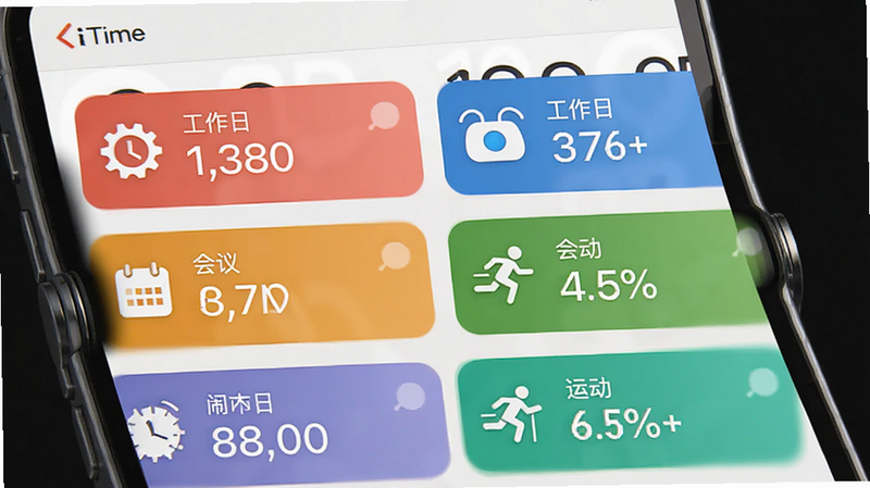 iTime手机闹钟的闹钟列表界面,显示多个不同时间的闹钟卡片,每个卡片上有不同的颜色和图标,如“工作日”、“会议”、“运动”,界面整洁,色彩搭配和谐,体现高效管理,高清UI设计