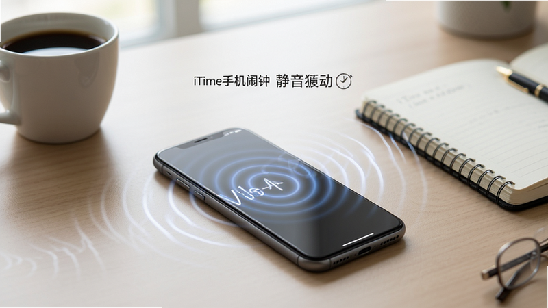 一部智能手机放在桌面上,手机屏幕亮起显示震动波纹特效,周围没有声音波浪线,强调静音效果,背景为简洁的办公桌面,有一杯咖啡和笔记本,光线柔和,突出“iTime手机闹钟”的静音震动功能,写实风格