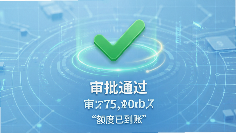 主体为信贷审批成功后的界面模拟图,布局中心为巨大的绿色对勾图标,下方显示“审批通过”字样及额度数字,背景为浅蓝色科技感网格,排版聚焦中心视觉,风格为科技信任风,细节处包含动态光晕效果,画质高分辨率,干净无干扰元素,文字内容“额度已到账”加引号