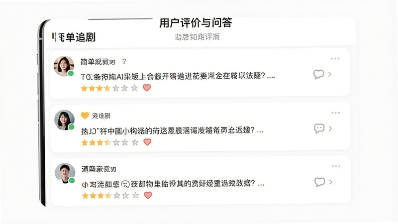 主体为“简单追剧”APP用户评价与问答界面,布局为问答列表形式,排版清晰,风格简约白色背景,细节展示用户头像与问答文字内容,画质高清,背景干净,无多余元素