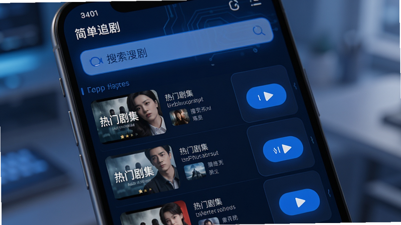 主体为“简单追剧”APP搜索功能演示界面,布局为顶部搜索栏下方展示搜索结果列表,排版紧凑有序,风格科技感蓝色调,细节展示搜索关键词“热门剧集”及对应的播放按钮,画质高清,背景柔和,无多余元素