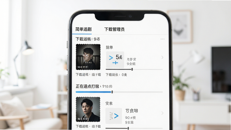 主体为“简单追剧”APP下载管理界面,布局为列表形式展示已下载与正在下载的文件,排版清晰易读,风格清新白色背景,细节展示下载进度条与文件大小信息,画质高清,背景明亮,无多余元素