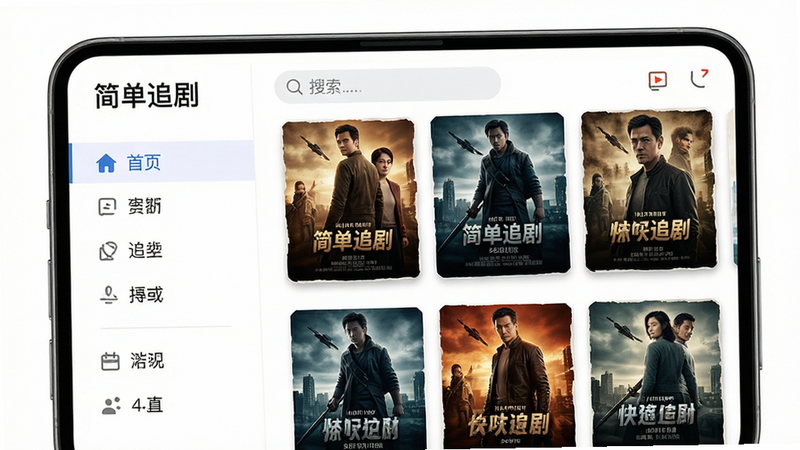主体为“简单追剧”APP主界面手机屏幕特写,布局采用左侧分类导航栏右侧内容网格,排版清晰整齐,风格为现代扁平化UI设计,细节展示高清影视海报缩略图与搜索框,画质4K高清,背景纯白,无多余元素,文字“简单追剧”清晰可见