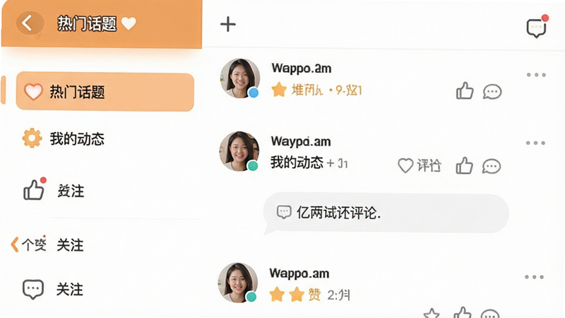 主体为亿同城App社区互动页面展示,布局为左侧分类列表+右侧动态流排版,风格为温馨社区风,细节包含用户头像、点赞图标及评论气泡,画质清晰,干净,无多余元素,文字内容包含