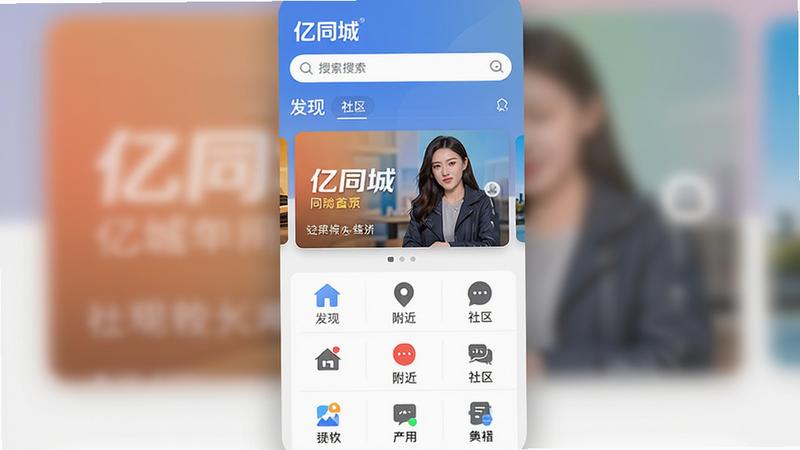 主体为亿同城App首页界面截图,布局采用顶部搜索栏+中部轮播图+底部功能九宫格排版,风格为现代扁平化UI设计,细节包含清晰的图标阴影与柔和的背景色,画质高清,干净,无多余元素,文字内容包含