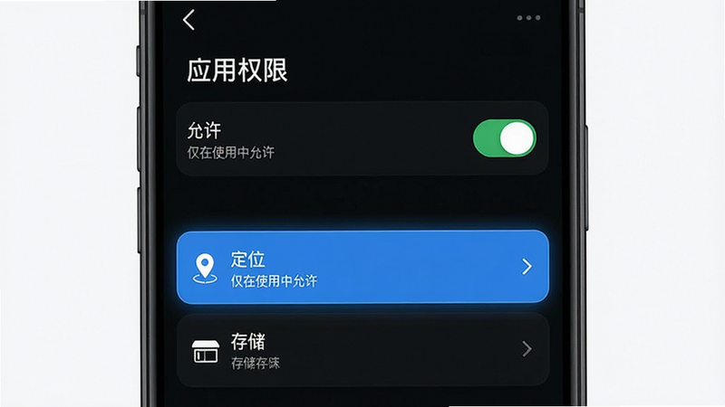 主体为手机设置界面示意图,展示权限管理选项,布局为列表式排列,风格为极简科技风,细节包含开关按钮与高亮选中的“定位”、“存储”选项,画质清晰,干净,无多余元素,文字内容包含