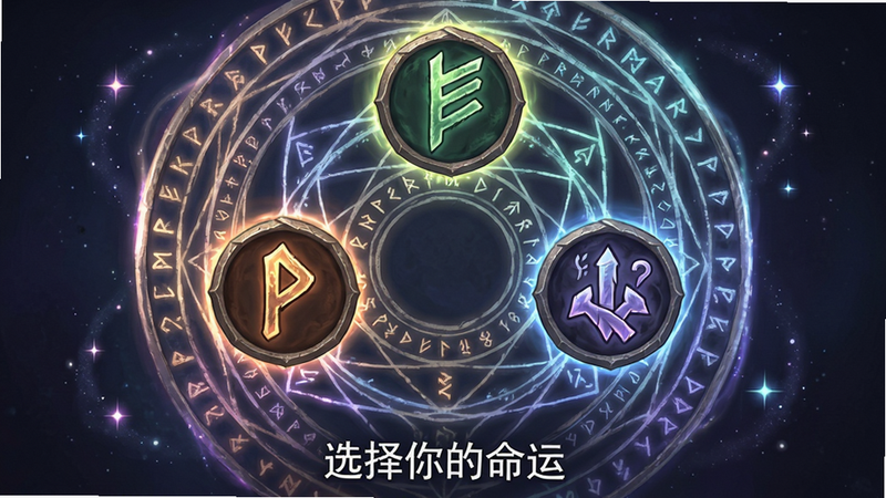 主体是一个圆形的符文选择界面,中央展示着三个不同的符文图标,分别代表“力量”、“敏捷”和“智慧”。布局为环形排列,周围有淡淡的魔法阵光芒。排版中心对称,视觉平衡。风格为神秘主义插画风。细节包括符文上的古老文字、魔法阵的复杂线条、背景中漂浮的星尘。画质细腻,干净,无多余元素,文字“选择你的命运”位于底部。