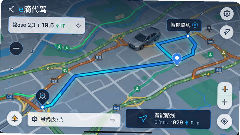 主体为e滴代驾计价软件地图导航界面,显示从起点到终点的路线规划,布局包含地图背景、路线高亮、距离与时间预估,风格科技感,细节展示路况颜色,画质清晰,干净,文字