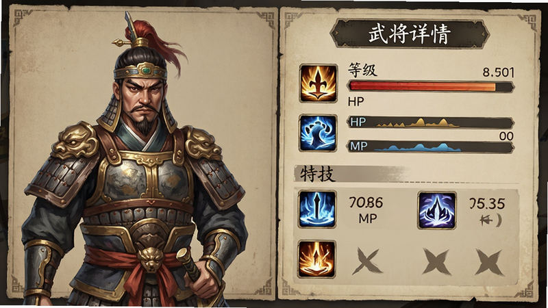 主体为武将属性面板,布局展示等级、HP、MP、特技列表,排版整齐列于右侧,风格为古朴UI设计,细节呈现技能图标与数值变化,画质细腻,干净无杂乱线条,文字