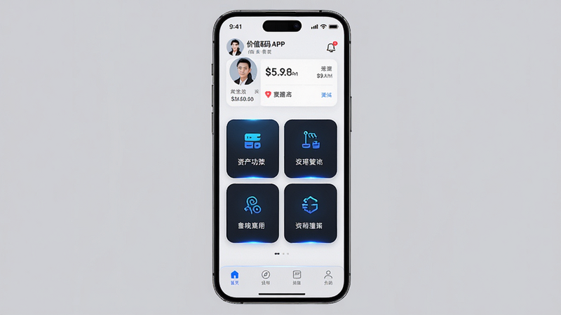 ����Ϊ��ֵ��APP��ҳ���棬�����������࣬������ʾ�û�ͷ�����ʲ��������в�Ϊ��������˵����ײ�Ϊ���������Ű��ִ���Լ�����Ƽ���ǿ��ϸ�ڴ�����ɫ��Ч��׺�����ʸ��壬�ɾ����޶���Ԫ��