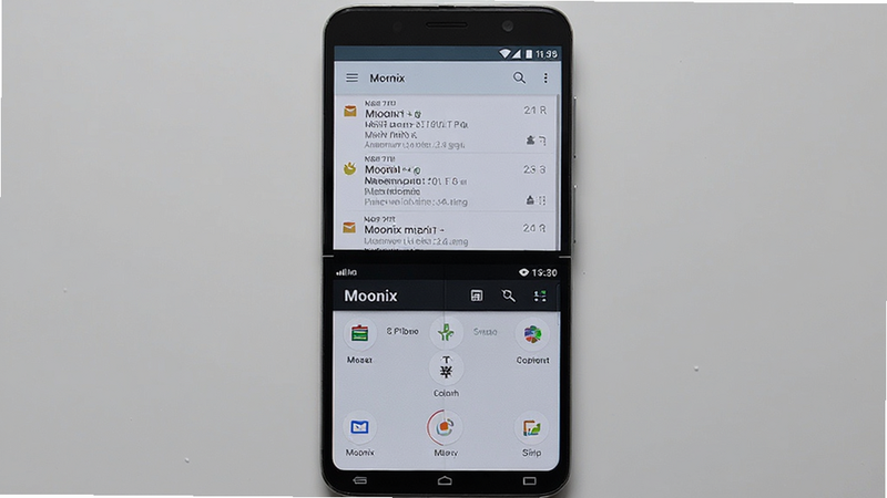 չʾ Moonix Ӧ���� Android �ֻ��ϵķ���ʹ�ó������������ֻ���Ļ���ϰ벿����ʾ�ʼ�Ӧ�ã��°벿����ʾ Moonix Ӧ�ã��������·ָ���ʵ�����壬ϸ�ڴ��з����ָ��ߣ������������ɾ�����