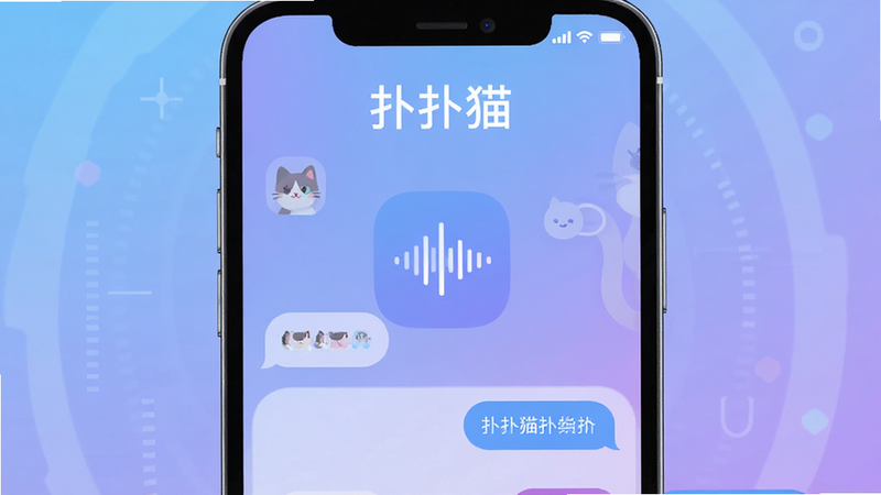 一张高清数字插画,主体为智能手机屏幕展示“扑扑猫”APP界面,背景为柔和的蓝紫色渐变科技风,布局居中,排版简洁现代,风格清新治愈,细节丰富包含语音波形图标和聊天气泡,画质超清,干净无多余元素,屏幕文字显示