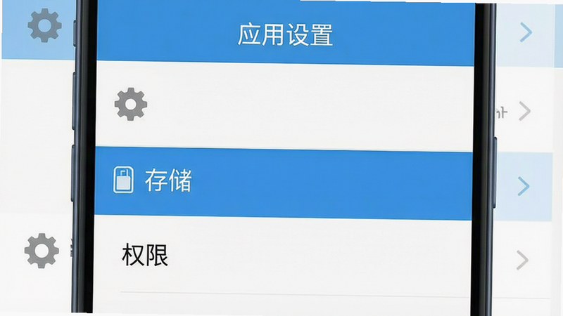 手机设置界面示意图,主体为“应用管理”页面,高亮显示“存储”和“权限”选项,布局垂直列表,排版清晰,风格扁平化,细节包含齿轮图标,画质清晰,干净无水印,文字显示
