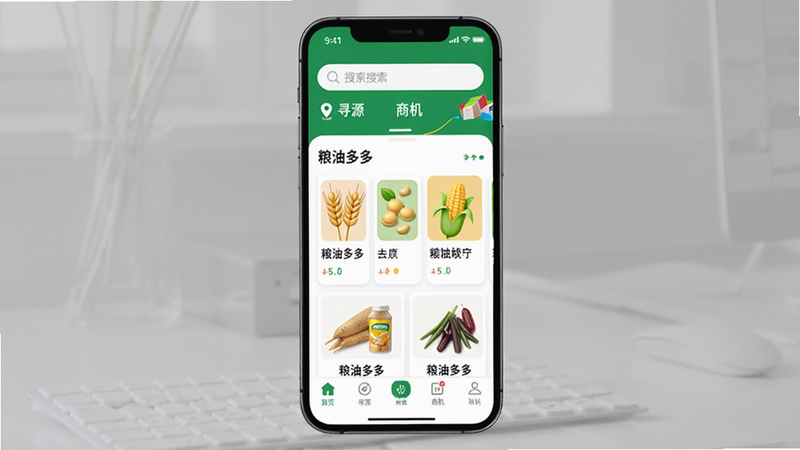 主体为手机屏幕显示粮油多多APP首页,布局采用卡片式设计,顶部为搜索栏,中部展示热门粮油商品列表,包含小麦、大豆、玉米等图标,底部为导航栏,风格为现代商务简约风,细节呈现清晰的文字标签和高清产品缩略图,画质高清,干净,无多余元素,文字内容包含