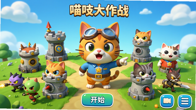 主体: 卡通风格的游戏主界面全景,中央展示一只戴着护目镜的橘猫指挥官,周围环绕着各种造型可爱的猫咪防御塔和正在冲锋的敌人小队。布局: 采用中心放射状构图,视觉焦点集中在猫咪指挥官身上,背景是蓝天白云和绿色草地。排版: 界面简洁,底部有清晰的开始按钮和菜单图标。风格: 3D渲染卡通风格,色彩明亮鲜艳,充满童趣。细节: 猫咪表情生动,防御塔细节精致,敌人造型各异。画质: 高清8k,干净无多余元素,柔和光影。文字:
