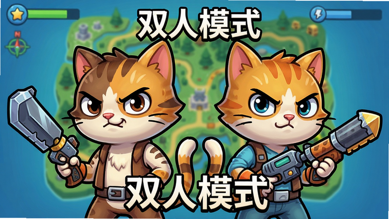 主体: 两个卡通猫咪角色并肩站立,手持武器,背景是游戏地图。布局: 对称构图,两个角色占据画面中心。排版: 突出合作主题,背景简洁。风格: 卡通游戏UI风格,色彩鲜艳。细节: 角色表情坚定,武器细节清晰。画质: 高清,无噪点。文字: