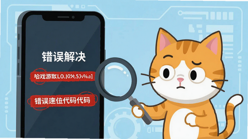 主体: 一个手机屏幕界面,显示游戏加载失败和错误代码,旁边有一个卡通猫咪角色拿着放大镜在检查屏幕。布局: 左侧是手机,右侧是猫咪角色,背景是淡蓝色的科技感界面。排版: 清晰展示错误信息和角色动作。风格: 扁平化插画风格,线条简洁。细节: 错误代码用红色高亮,猫咪表情困惑。画质: 高清,无多余装饰。文字: