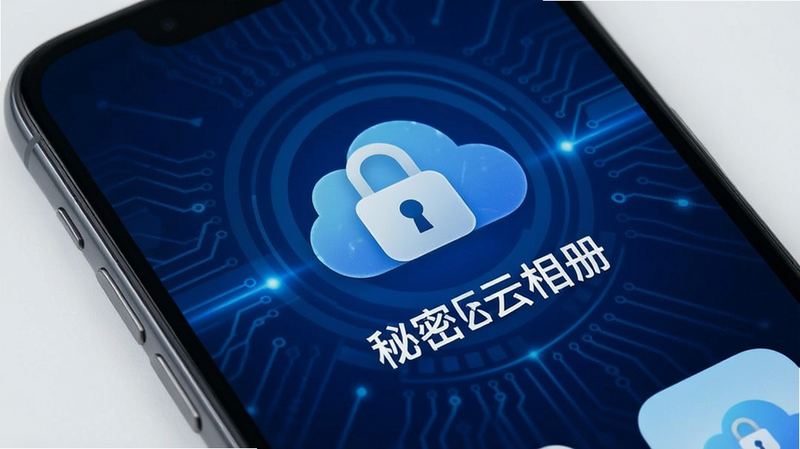 主体为手机屏幕特写,显示“秘密云相册”App界面,背景为深蓝色科技感光效,布局居中,排版整洁,风格现代简约,细节展示加密锁图标和云朵元素,画质4K,干净,无多余元素,文字“秘密云相册”清晰可见