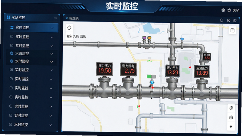 主体为水务管网监控大屏界面,布局为左侧列表右侧地图,排版清晰,风格工业风,细节展示管道压力数值跳动,画质高清,干净,文字显示