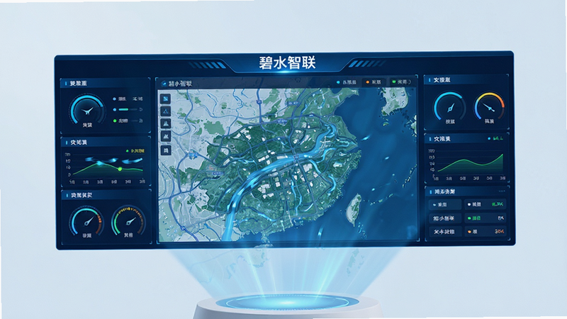 主体为碧水智联APP界面全息投影,布局呈现中央大型地图监控视图,四周环绕数据仪表盘,排版简洁现代,风格科技感蓝色调,细节包含实时水流动画与状态指示灯,画质4k高清,干净无多余元素,文字显示