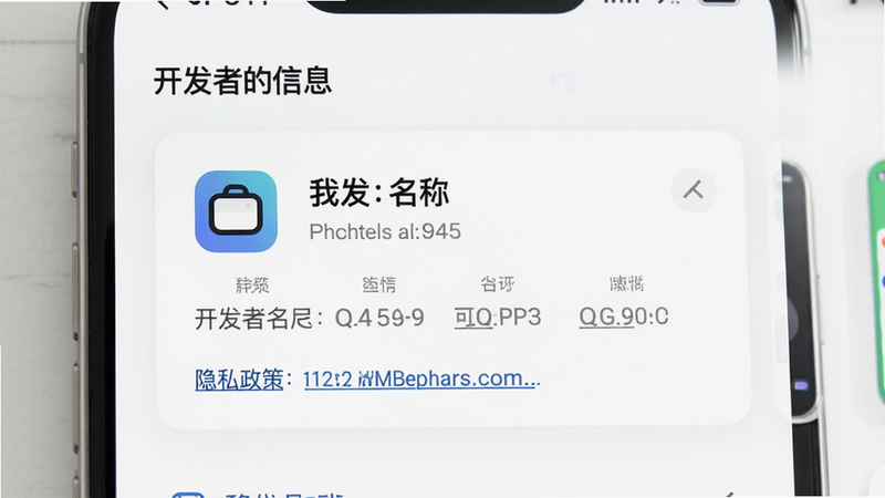 主体为应用商店详情页面,布局为开发者信息卡片,排版清晰,风格简洁,细节展示开发者名称与隐私政策链接,画质高清,干净,文字显示