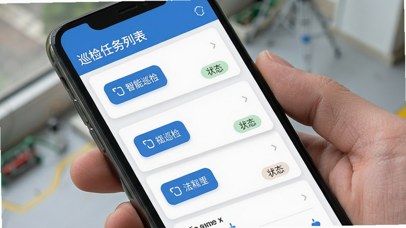 主体为手机屏幕显示巡检任务列表,布局为卡片式列表,排版整齐,风格扁平化,细节包含打卡按钮与状态标签,画质高清,干净,文字显示