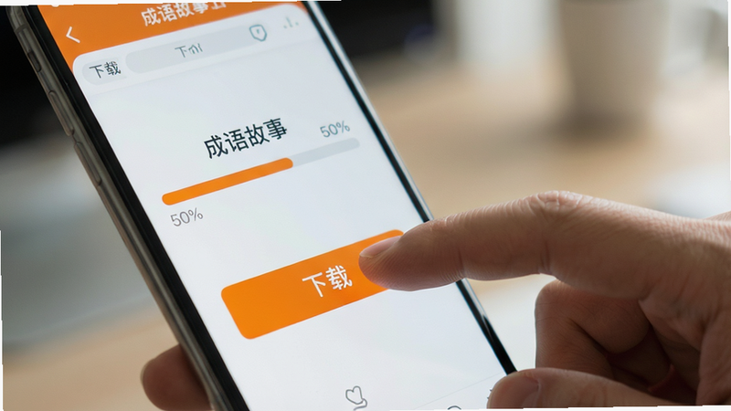 一张展示手机端操作界面的特写图,主体是一只手正在点击手机屏幕上的“下载”按钮。屏幕显示“成语故事”应用的下载进度条,进度为50%。背景虚化,突出手机屏幕和手指动作。界面简洁,按钮颜色为鲜艳的橙色,吸引眼球。风格为写实摄影风,光线柔和,细节清晰,画质高清,干净,无多余元素。