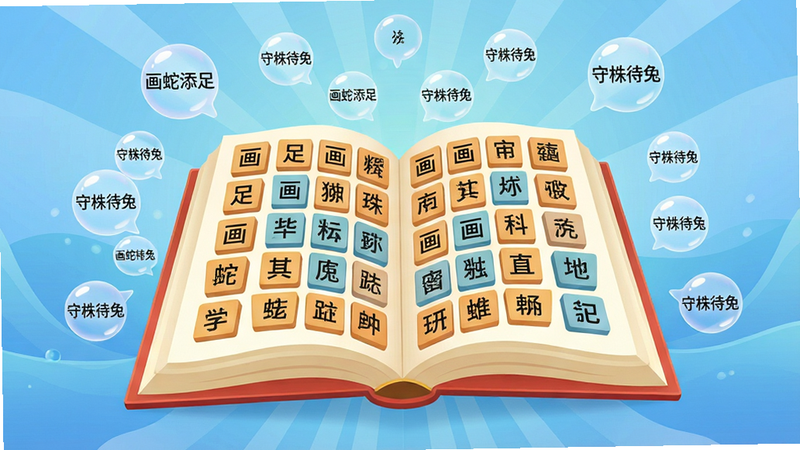 一个展示丰富成语资源的UI概念图,主体是一个巨大的打开的书本,书页上密密麻麻排列着整齐的成语方块,每个方块内有一个汉字。书本周围漂浮着许多小气泡,气泡内写着不同的成语,如“画蛇添足”、“守株待兔”等。背景为柔和的蓝色渐变,象征知识的海洋。布局呈放射状,视觉中心聚焦在书本上。风格为矢量插画风,线条流畅,色彩明亮,细节丰富,画质高清,干净,无多余元素。