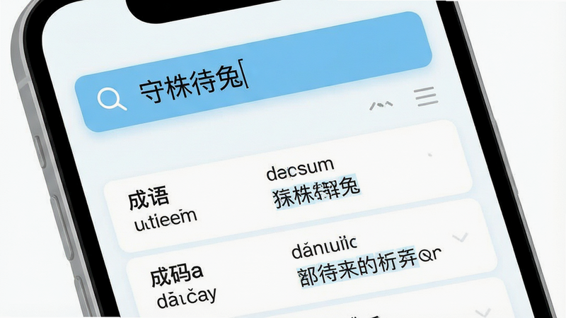 一张展示搜索功能的界面示意图,主体是手机顶部的搜索框,输入框内显示文字“守株待兔”。下方列表显示了匹配的结果,包括成语名称、拼音和简短释义。界面设计简洁,搜索框高亮显示,结果列表清晰易读。风格为扁平化UI设计,色彩以白色和浅蓝为主,传达清爽感。细节处有搜索图标和排序选项,画质清晰,干净,无多余元素。