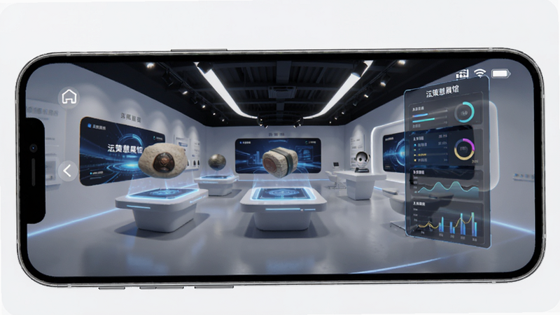 主体为策慧展馆APP手机界面,布局展示3D虚拟展厅全景,排版简洁现代,风格科技感强,细节包含悬浮的展品模型与数据面板,画质高清8k,干净无多余元素,文字“策慧展馆”清晰可见