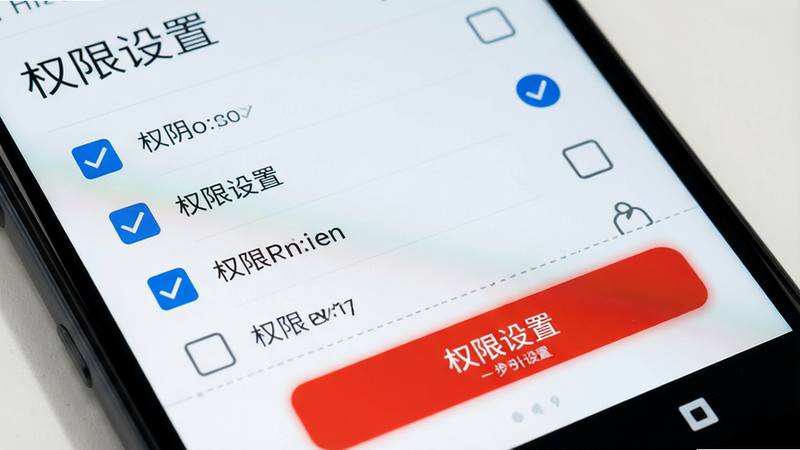 主体为安卓手机设置权限界面特写,布局清晰展示勾选框,排版步骤化,风格指引性强,细节包含红色高亮按钮,画质清晰,干净背景,文字“权限设置”