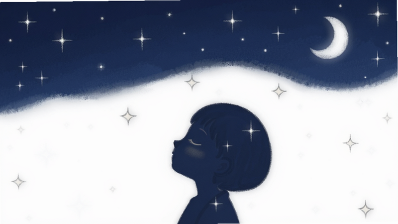 一张星空与闭眼人物剪影的艺术画,主体为深蓝色夜空中的星星和白色月亮,布局留白较多,排版意境化,风格治愈系,细节处有星光闪烁,画质柔和,干净,无多余元素,alt属性为“星眠寓意预览图”