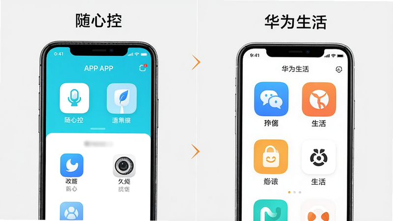 主体为对比示意图,左侧为“随心控”APP界面,右侧为“华为生活”APP界面,布局并列展示,排版对称均衡,风格对比鲜明,细节显示两者的核心功能图标差异,画质清晰,干净,无多余元素,背景为浅灰色,突出两款软件的不同定位