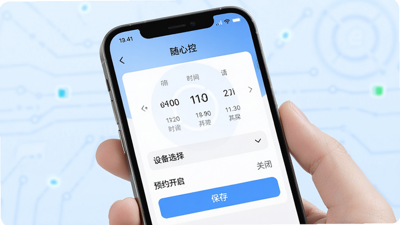 主体为手机设置界面,显示“随心控”的定时任务创建页面,布局包含时间选择器、设备选择下拉框与保存按钮,排版逻辑清晰,风格简洁大方,细节显示“预约开启”与“关闭”选项,画质细腻,干净,无多余元素,背景为淡蓝色调,强调远程控制的科技感