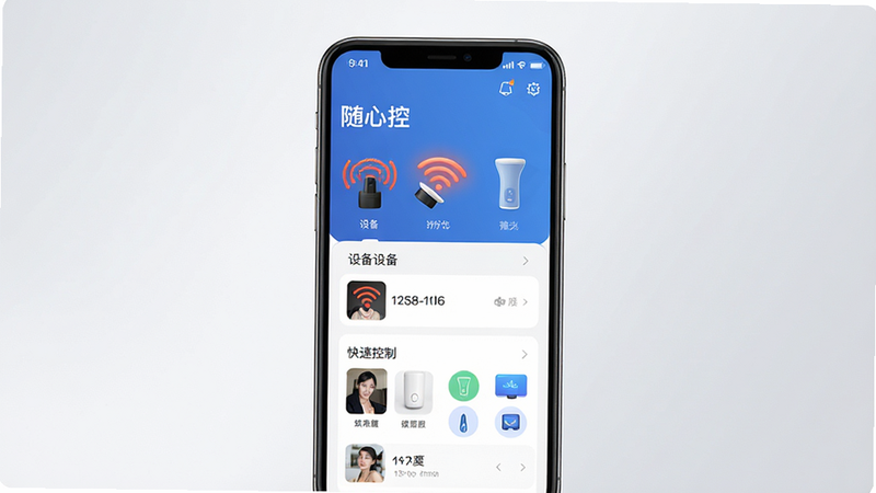 主体为智能手机屏幕,显示“随心控”APP主界面,布局清晰分为设备列表与快捷控制区,排版采用扁平化设计,风格现代简约,细节包括高清红外信号图标与设备缩略图,画质极高,干净,无多余元素,背景为柔和的浅灰色渐变,文字“随心控”清晰可见
