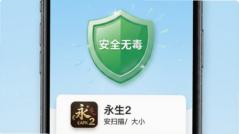 展示手机安全扫描界面,绿色盾牌图标显示“安全无毒”,下方是《永生2》的APK文件图标。背景为浅蓝色渐变,象征安全与信赖。布局简洁,中心突出安全标识,下方为文件名与大小。风格扁平化设计,色彩明亮。细节包括盾牌的高光、文件图标的立体感、文字的清晰度。画质高清,无多余元素,无多余文字。