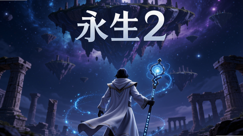 主体为《永生2》游戏主视觉海报,背景是深邃的星空与古老遗迹,前景是一位身穿白色长袍、手持发光法杖的主角背影,周围环绕着蓝色的能量粒子特效。布局采用中心对称式,主角位于画面中央偏下,上方是巨大的悬浮岛屿。排版简洁大气,无多余文字干扰。风格为高精度3D渲染,色彩以深蓝、紫罗兰和亮白为主,营造出神秘而宏大的氛围。细节丰富,法杖上的符文清晰可见,衣物褶皱自然。画质8K,干净无噪点,无多余元素。