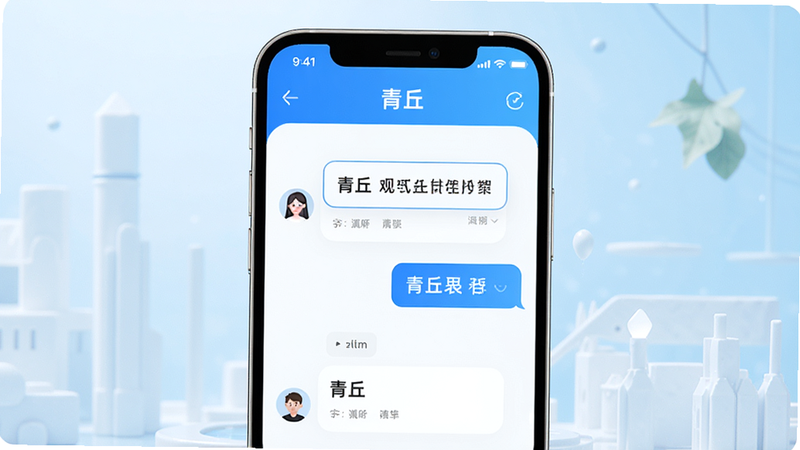 青丘APP主界面展示,主体为手机屏幕,布局居中,排版简洁,风格清新科技蓝白色调,细节显示对话框与用户头像,画质高清,干净,无多余元素,文字