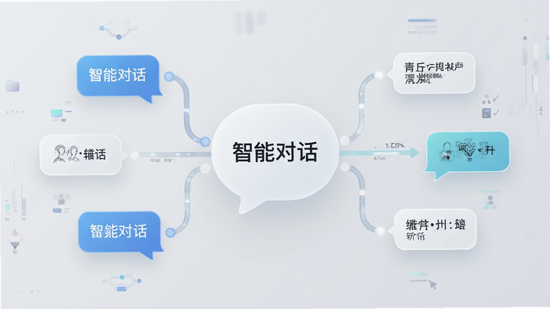 青丘AI对话流程图示意,主体为抽象数据流,布局左右对称,排版清晰,风格极简主义,细节展示对话气泡与连接节点,画质细腻,干净,无多余元素,文字