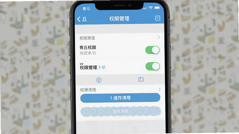 青丘移动端常见问题排查界面,主体为手机设置页面,布局垂直排列,排版整齐,风格扁平化UI,细节展示权限开关与缓存清理按钮,画质清晰,干净,无多余元素,文字