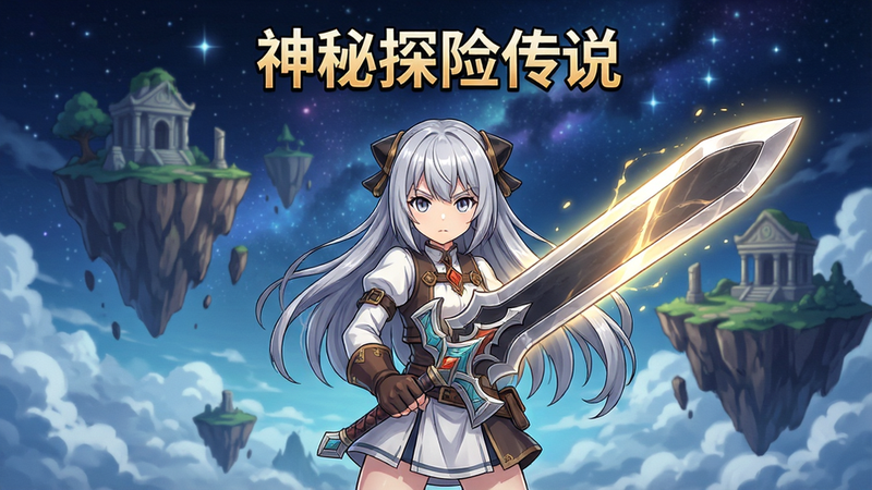 主体为《神秘探险传说》游戏主界面,布局为中央展示一位手持发光大剑的银发少女角色,背景是神秘的浮空岛屿与星空,排版清晰,风格为高品质二次元赛璐璐渲染,细节丰富,画质4K,干净,无多余元素,文字