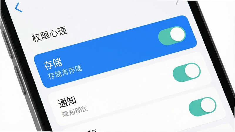主体为手机设置界面,布局为权限管理列表,高亮显示“存储”与“通知”权限,排版简洁,风格为扁平化UI设计,细节处有开关按钮状态,画质清晰,干净,无多余元素