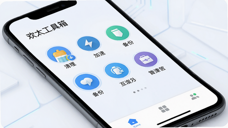 一张展示欢太工具箱安卓版主界面的高清UI设计图,主体为手机屏幕,界面背景为柔和的白色,顶部显示应用名称“欢太工具箱”,中间排列着圆形功能图标,包括清理、加速、备份等,底部有导航栏,整体风格现代、扁平化、科技感强,色彩以蓝色和白色为主,画质清晰,无多余元素