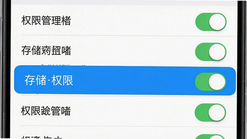 展示手机设置界面中权限管理选项的示意图,主体为权限开关列表,布局垂直排列,风格系统原生界面,细节清晰,画质高,干净,无多余元素,文字“存储权限”高亮显示