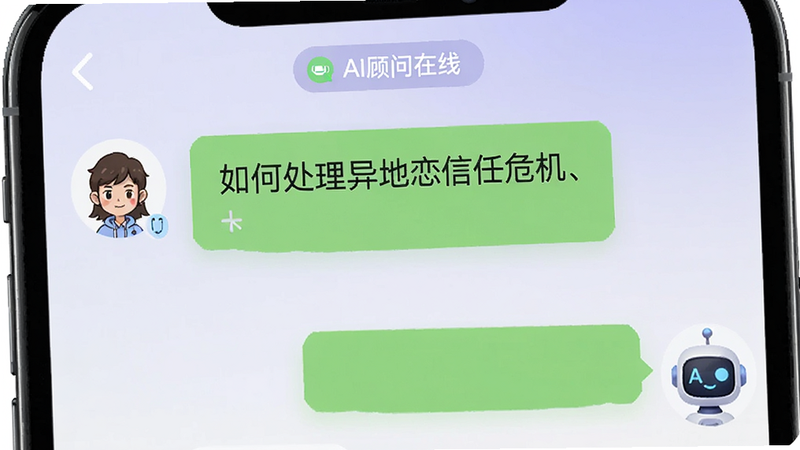 手机屏幕上显示聊天对话框,用户头像为卡通人物,AI顾问头像为机器人图标,对话内容关于“如何处理异地恋信任危机”,文字排版整齐,背景为淡紫色渐变,界面顶部有“AI顾问在线”状态提示,整体氛围科技与人文结合,清晰明亮,无干扰元素