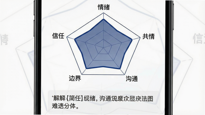 手机界面展示情感雷达图,五个顶点分别标注“情绪”、“共情”、“沟通”、“边界”、“信任”,图形线条流畅,颜色为深蓝色,背景纯白,图表下方有简短的文字解读区域,整体布局紧凑有序,字体清晰,专业数据分析风格,无杂乱背景