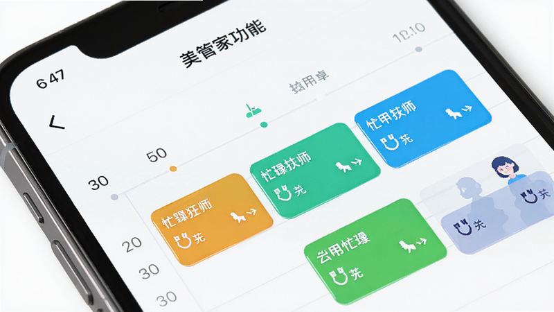 美甲管家APP的预约排班功能特写,展示一个带有时间轴的手机界面,时间轴上分布着不同颜色的预约卡片,代表不同技师的忙碌状态,风格现代简约,色彩明亮,布局清晰,画质高清,干净,无多余元素